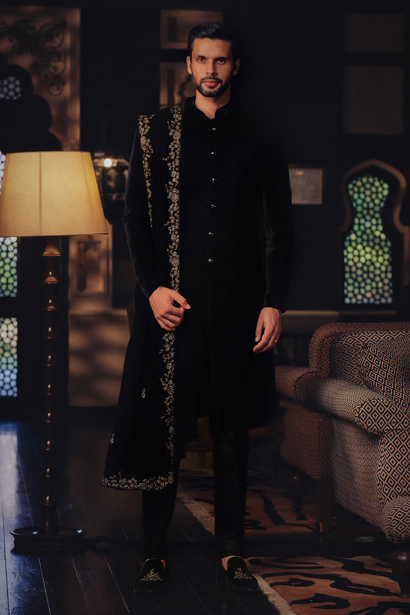Black Achkan and Stole - Main Image