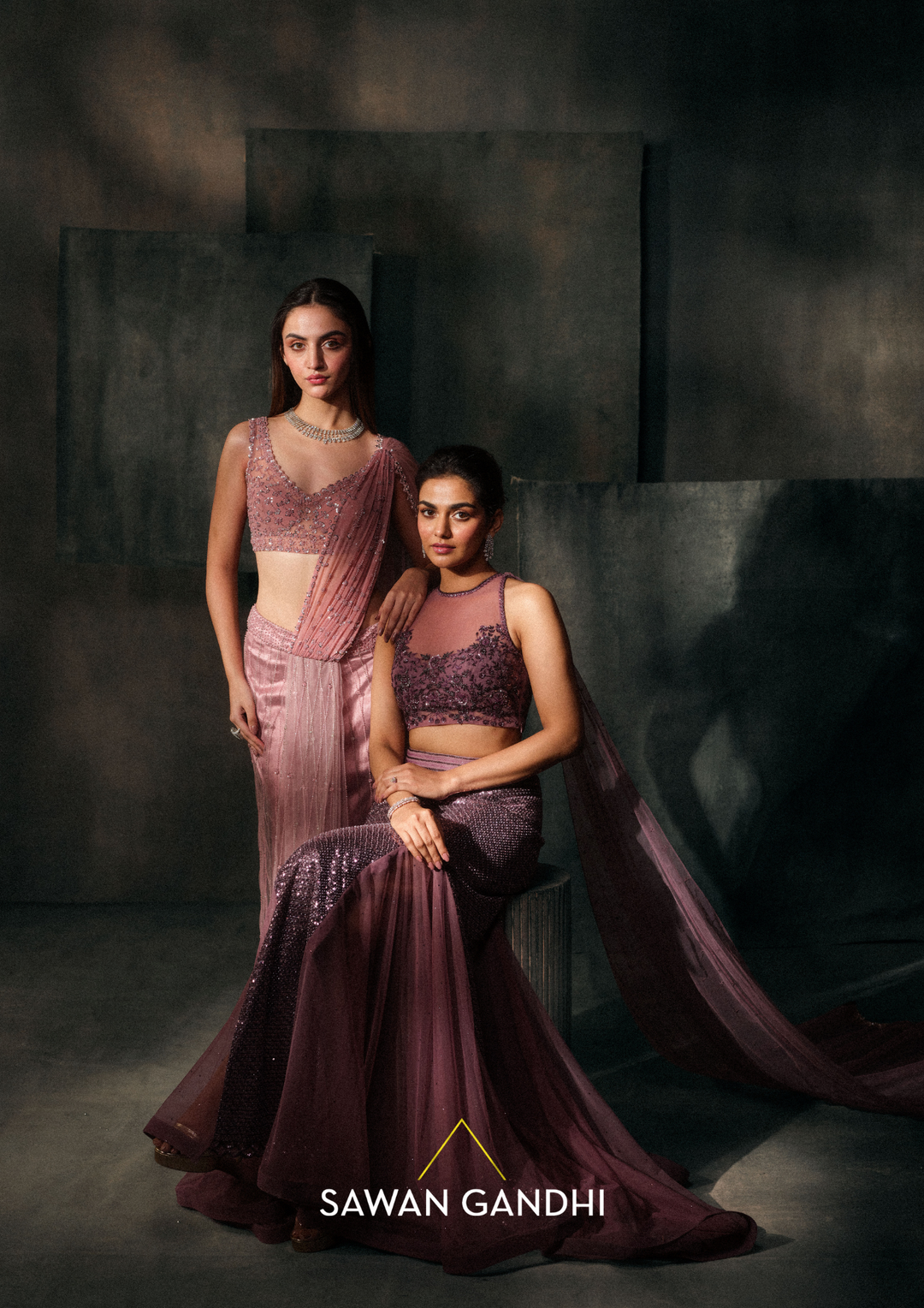 Dusty rose pink sequins and cutdana drape saree