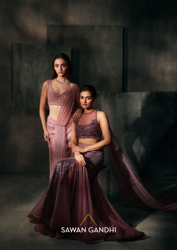 Dusty rose pink sequins and cutdana drape saree