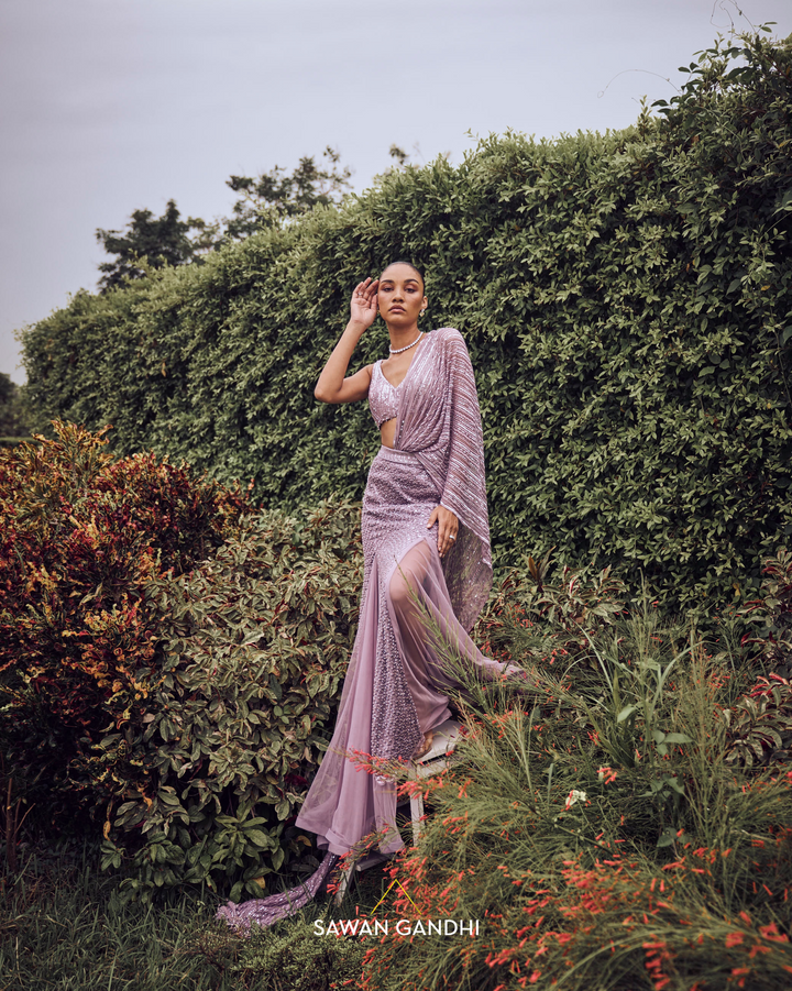 Lilac fishcut drape saree