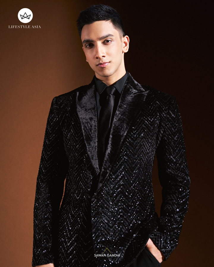 Vedang Raina in Black velvet chevron embroidered jacket