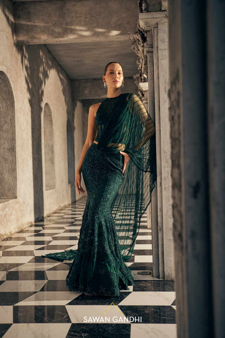 Bottle green fishcut drape saree