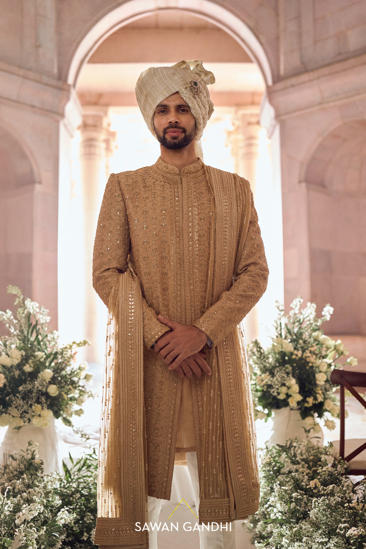 GOLDEN BEIGE LOTUS SHERWANI