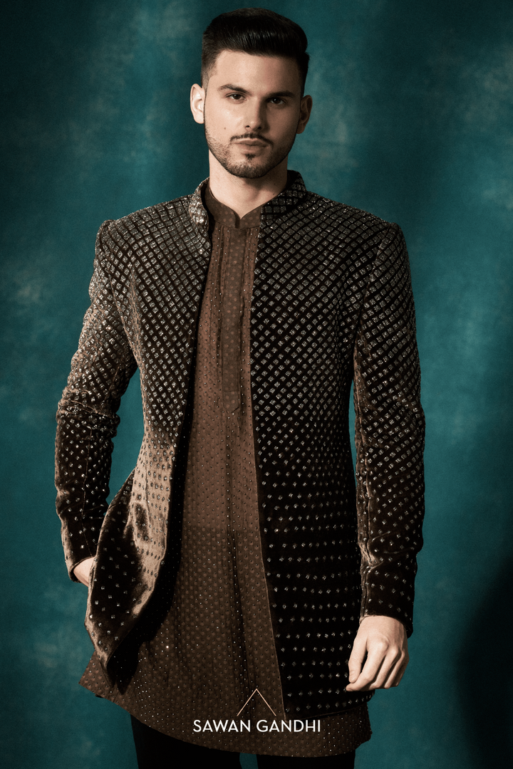 Coffee brown open style short sherwani