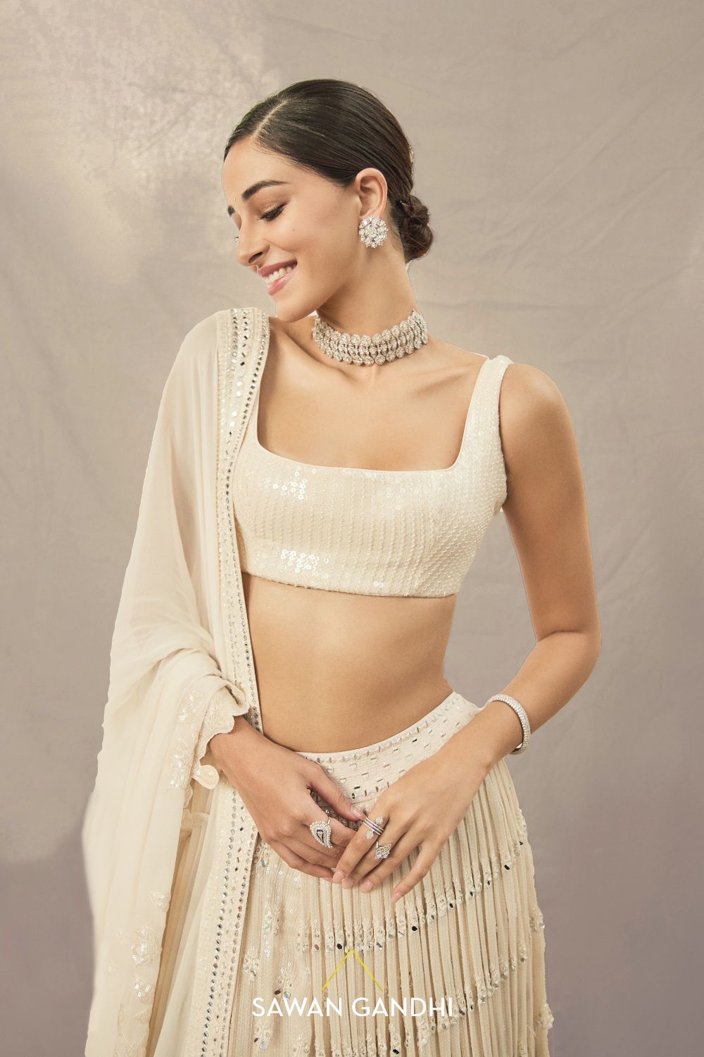 Ananya panday in Beige paani sequins mirror booti lehenga