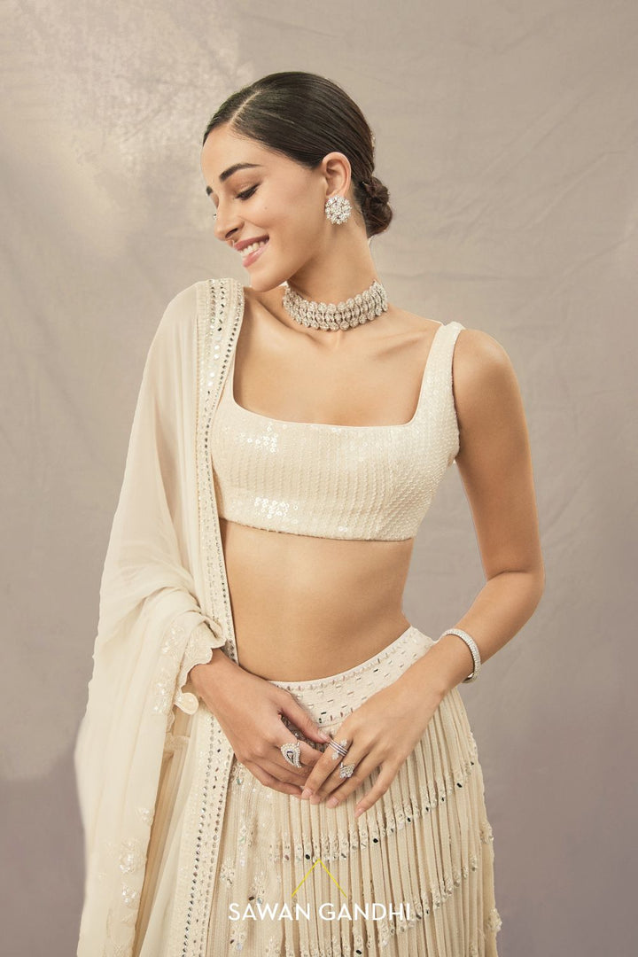 Ananya panday in Beige paani sequins mirror booti lehenga
