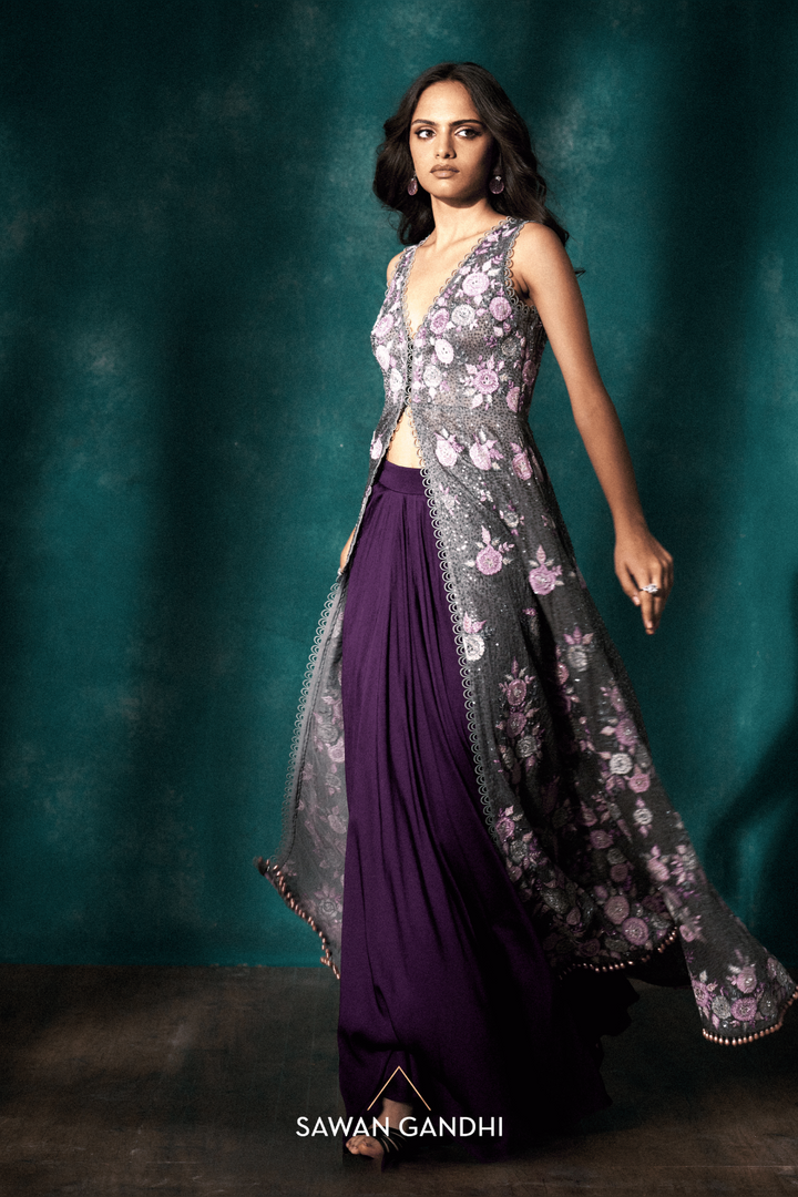 Grey sequins cape with applique work