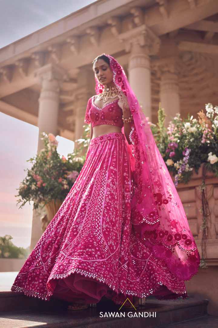 HOT PINK APPLIQUÉ FLORAL LEHENGA
