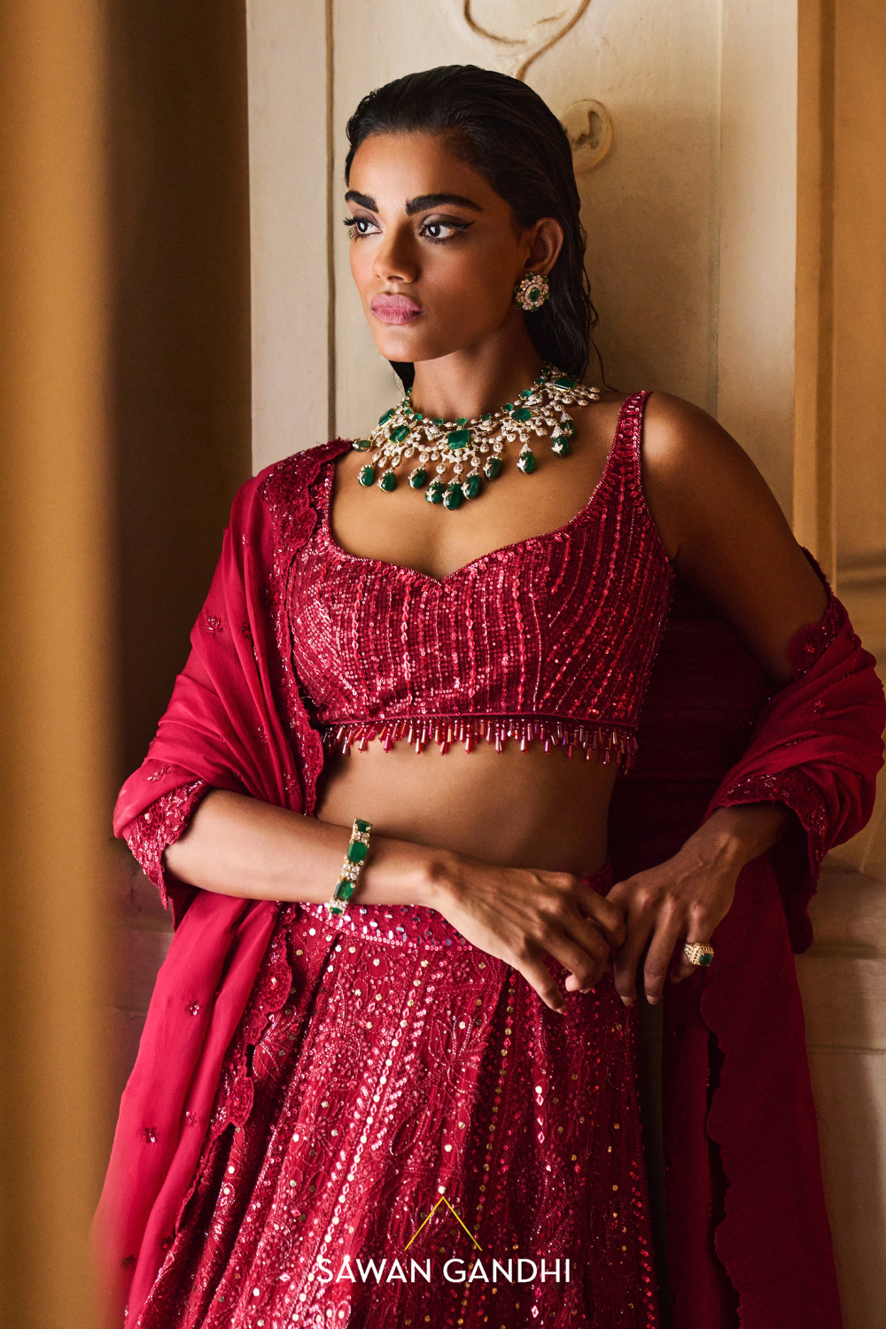 CRIMSON CHICKANKARI LEHENGA