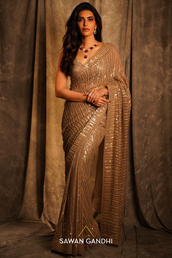 Karishma tanna in TAUPE GHICHA ORGANZA SAREE SET