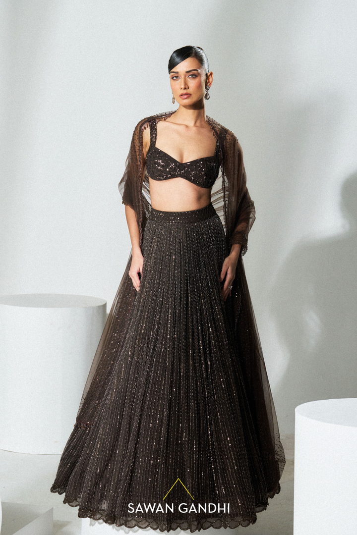 Coca  brown  beadwork lehenga