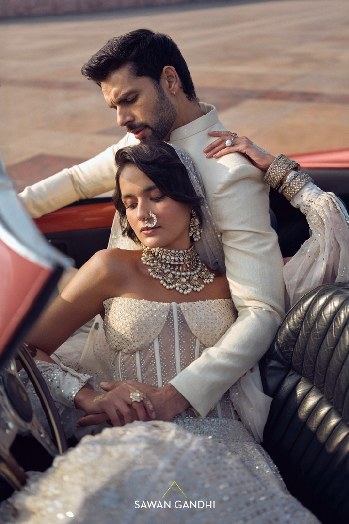 PEARL WHITE CHIKANKARI LEHENGA WITH CORSET