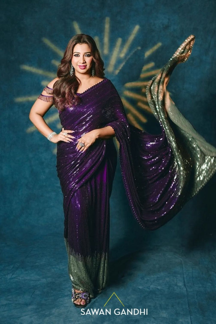Shreya Ghosal in Wine to grey sequin saree