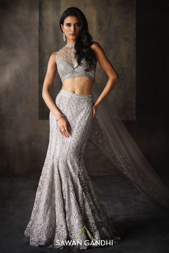 Grey fish cut cutwork lehenga