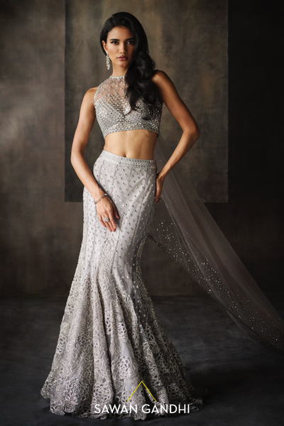 Grey fishcut lehenga