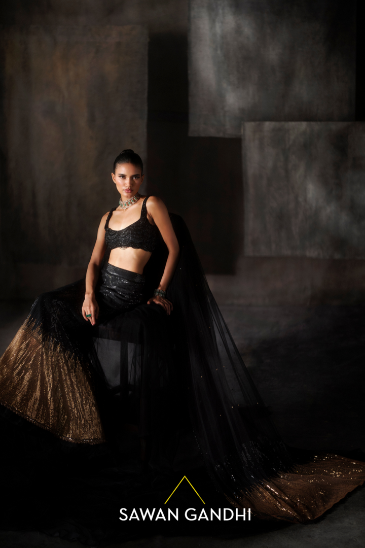 Black to gold sequins lehenga