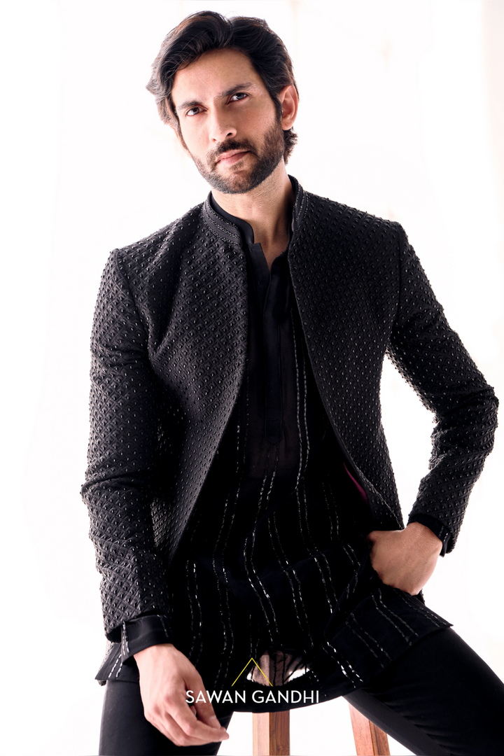 Black Selfwork Cutdana Bandhgala