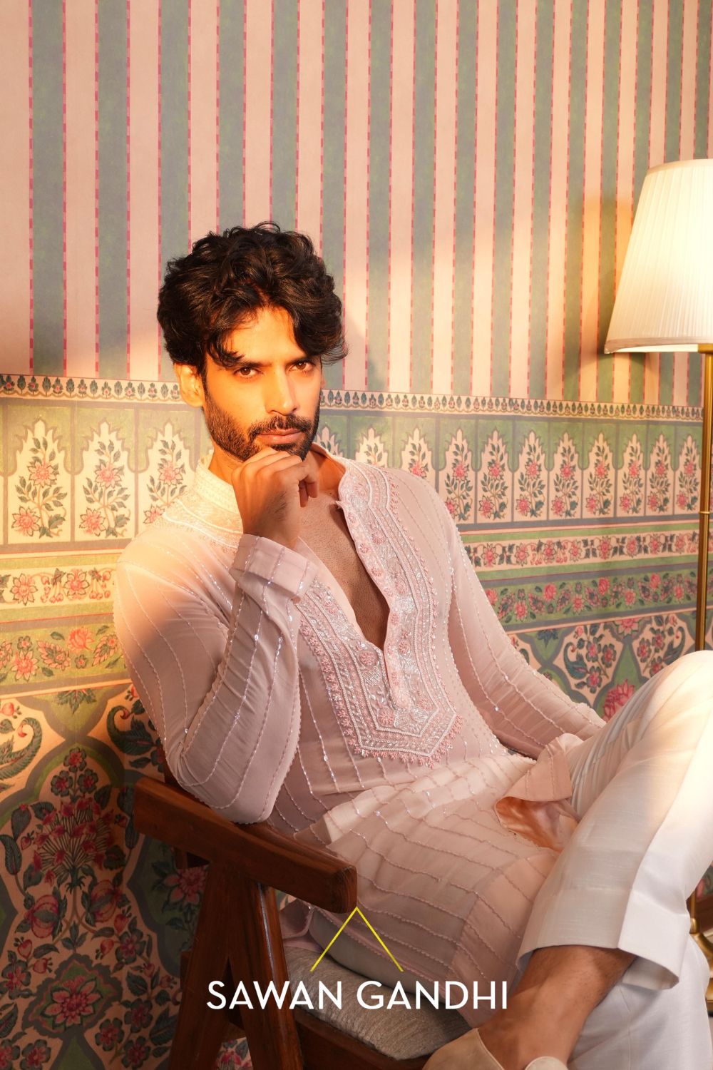 Gaurav in Peach chikankari kurta