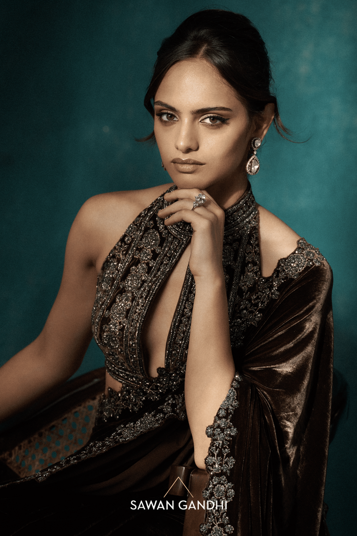 Coffee velvet saree