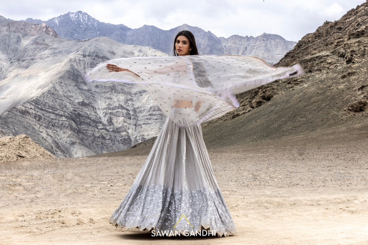 Shimmer grey sequin and mirror work lehenga set