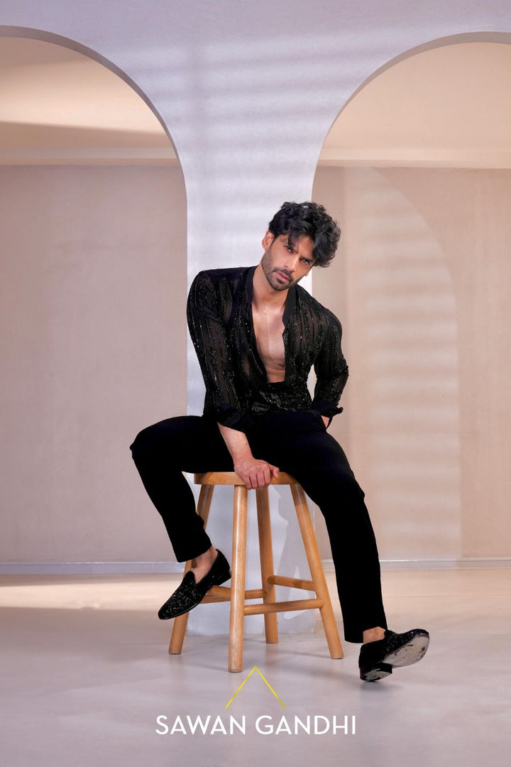 Gaurav in Black swarovski line shirt