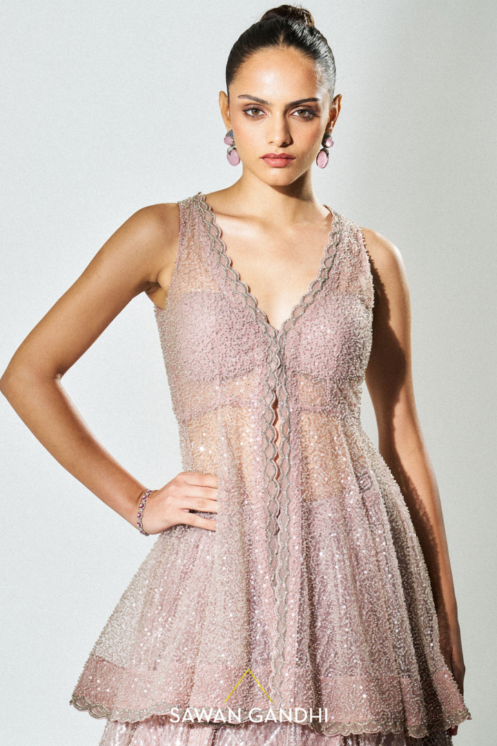 Dusky pink peplum sequins lehenga
