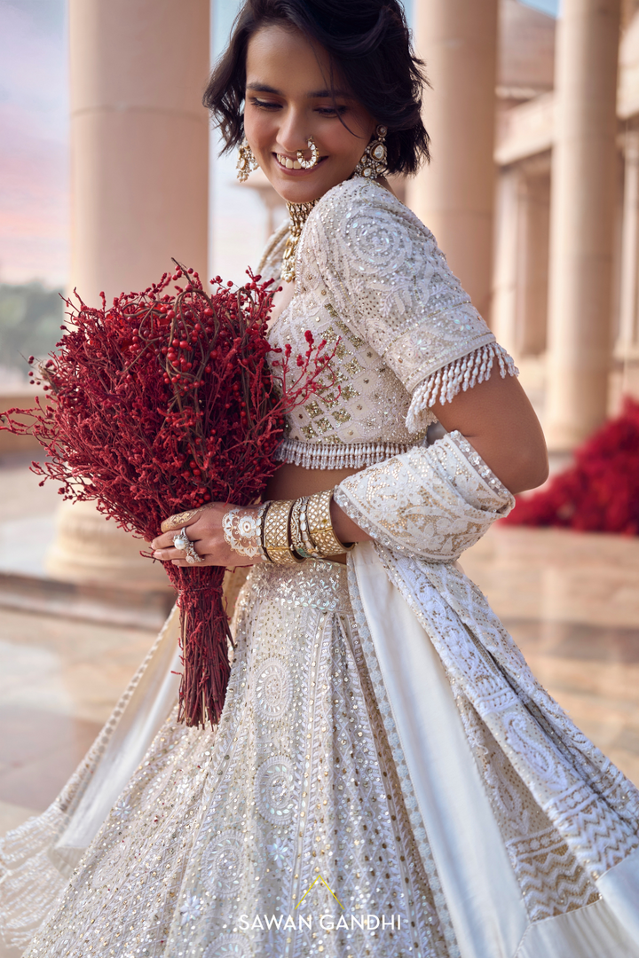PEARL WHITE CHIKANKARI LEHENGA