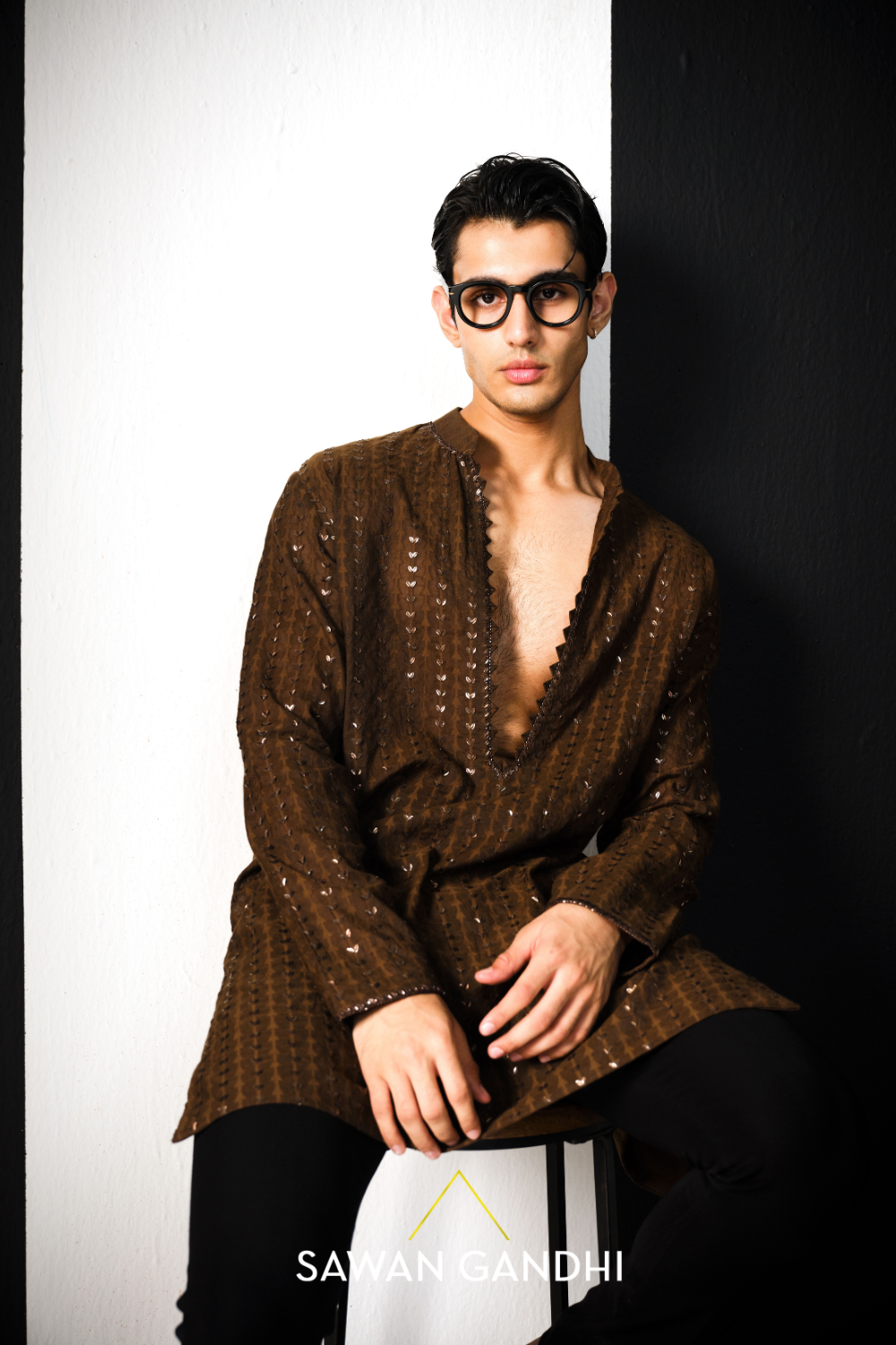 Espresso brown Chanderi kurta with patra work