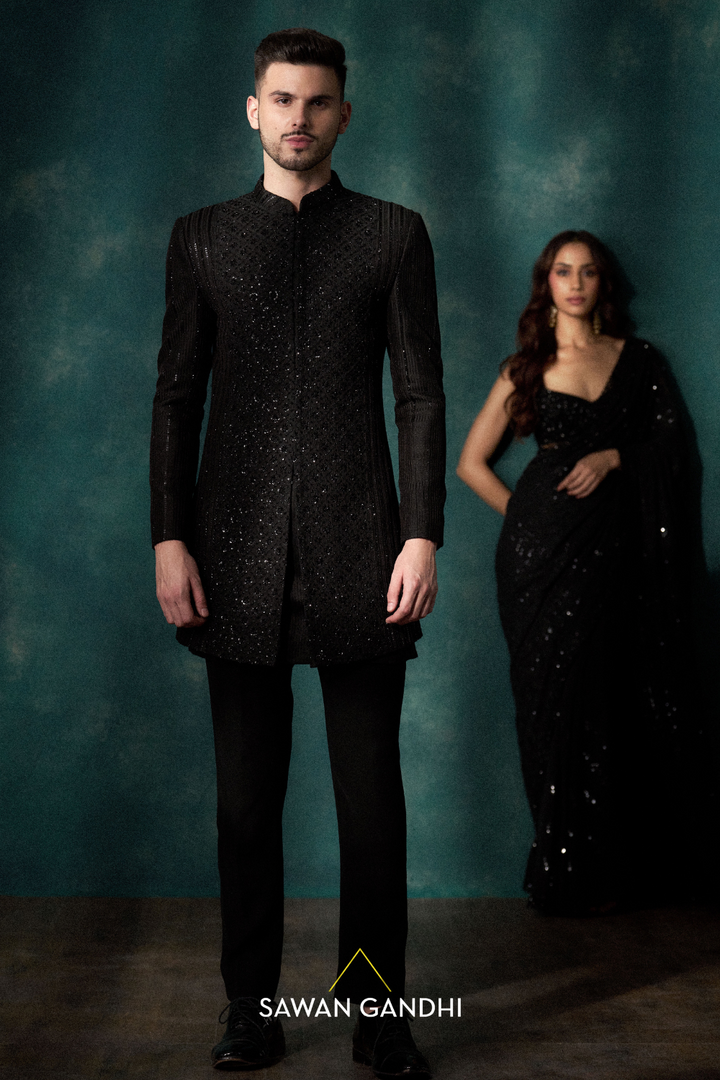 Black Chikankari sherwani