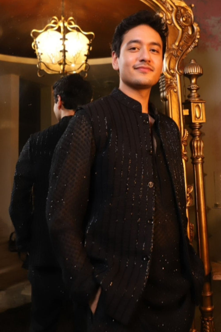 Zeyn shaw in Black cutdana nehru paired with black swarovski kurta