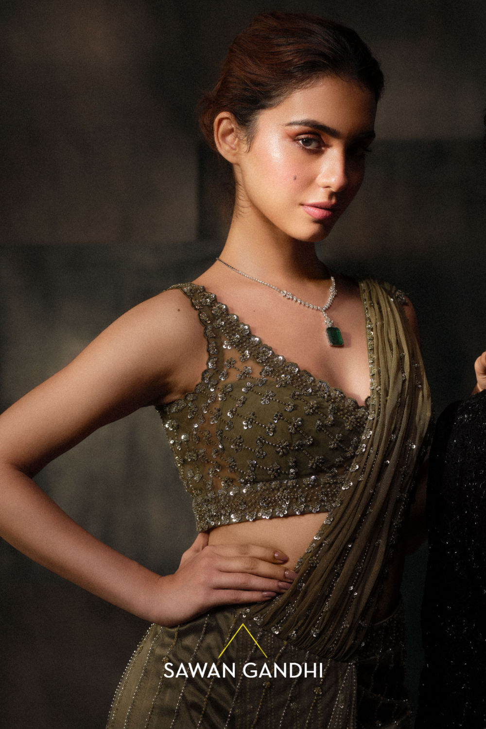 Olive green drape saree