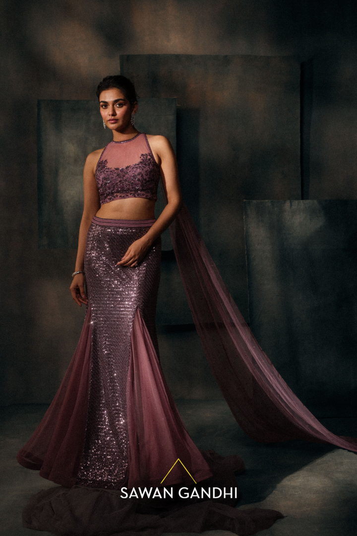 Mauve fishcut lehenga