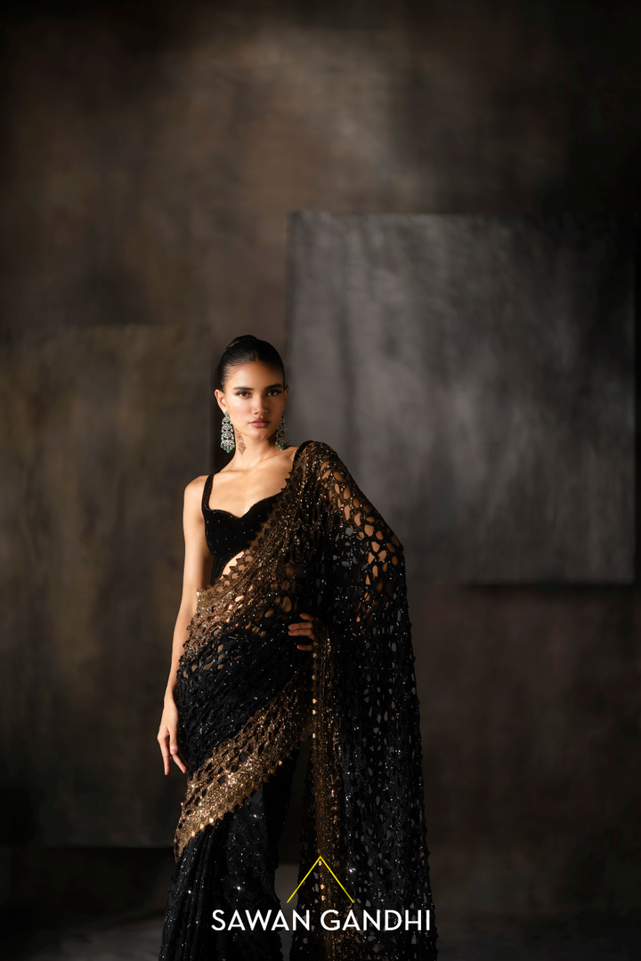 Black and gold Ombré cutwork saree