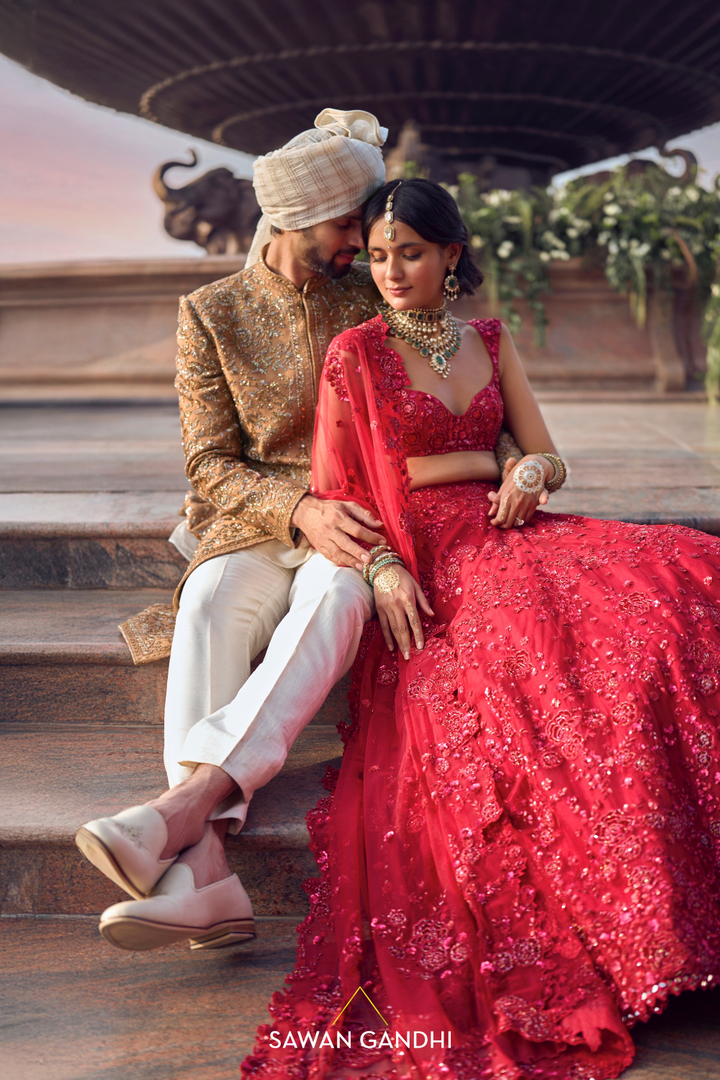 RED FLORAL APPLIQUÉ WORK LEHENGA