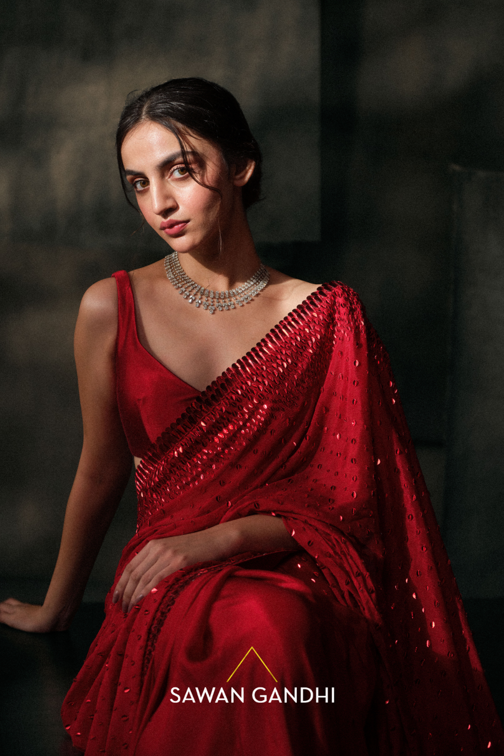 Crimson red kashti sequins saree