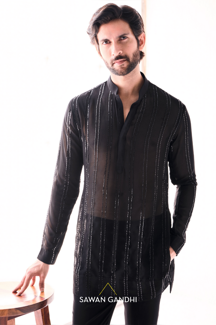 Black georgette parallel lines kurta