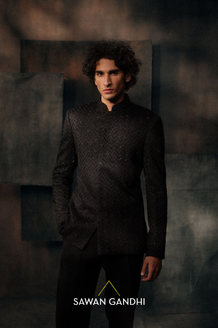 Black Chevron pattern Cutdana Bandhgala