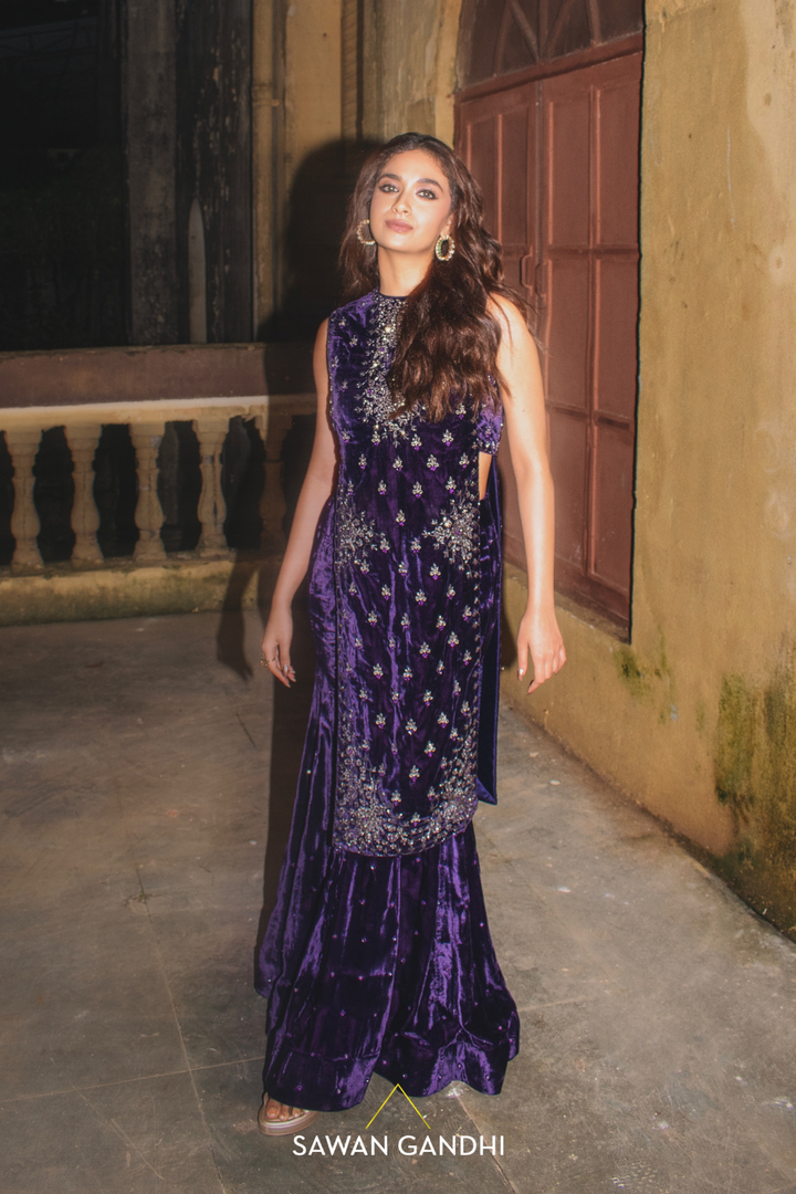 Keerthy Suresh in purple velvet Suit