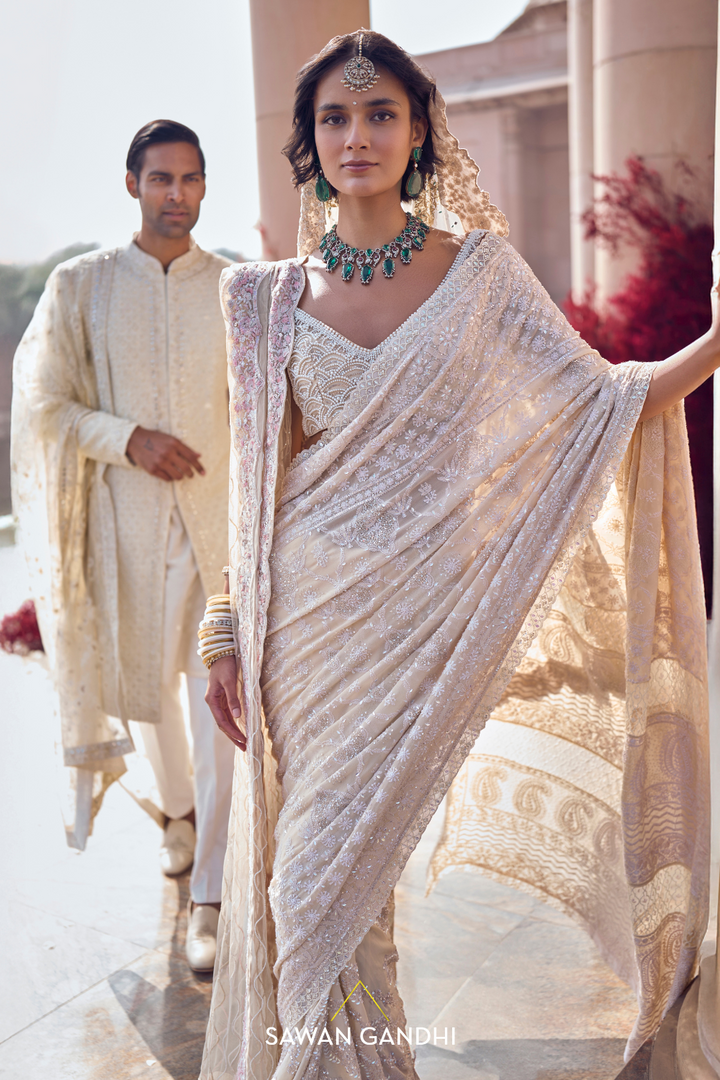 Ivory Chikankari saree