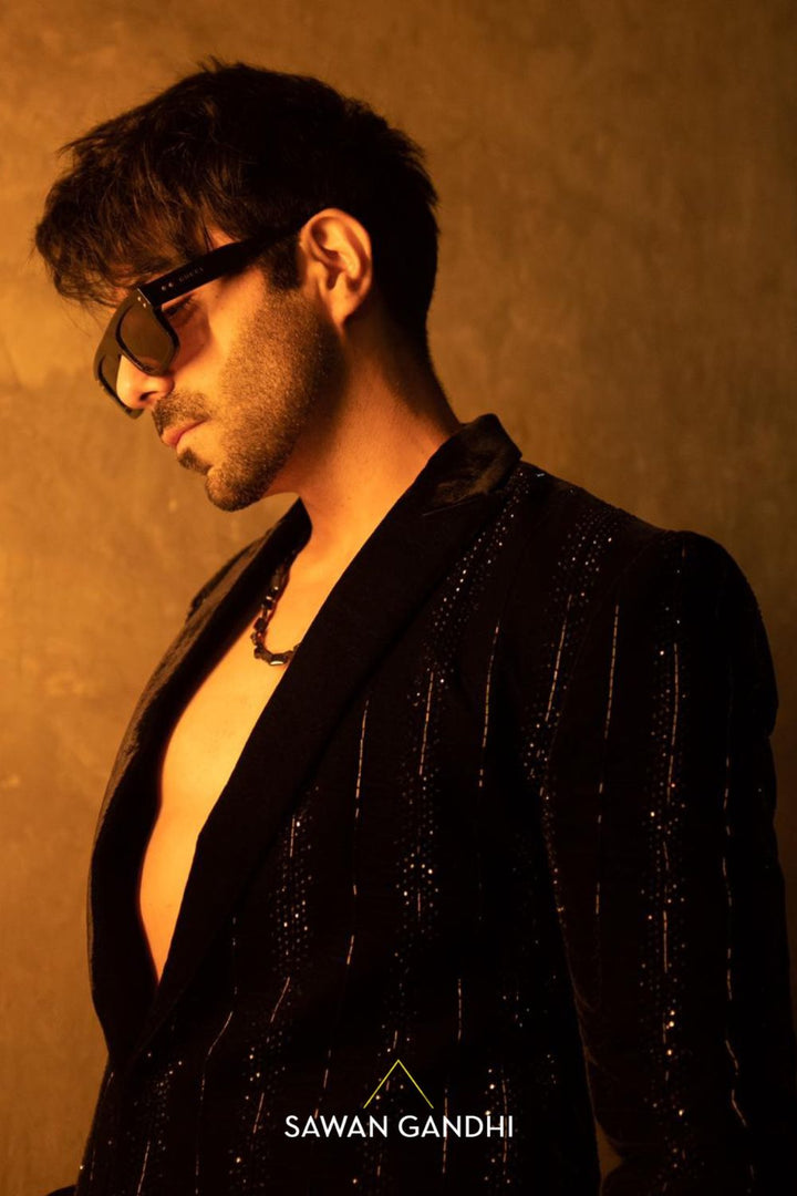 Aparshakti Khurana in Black velvet swarosvki stripe jacket