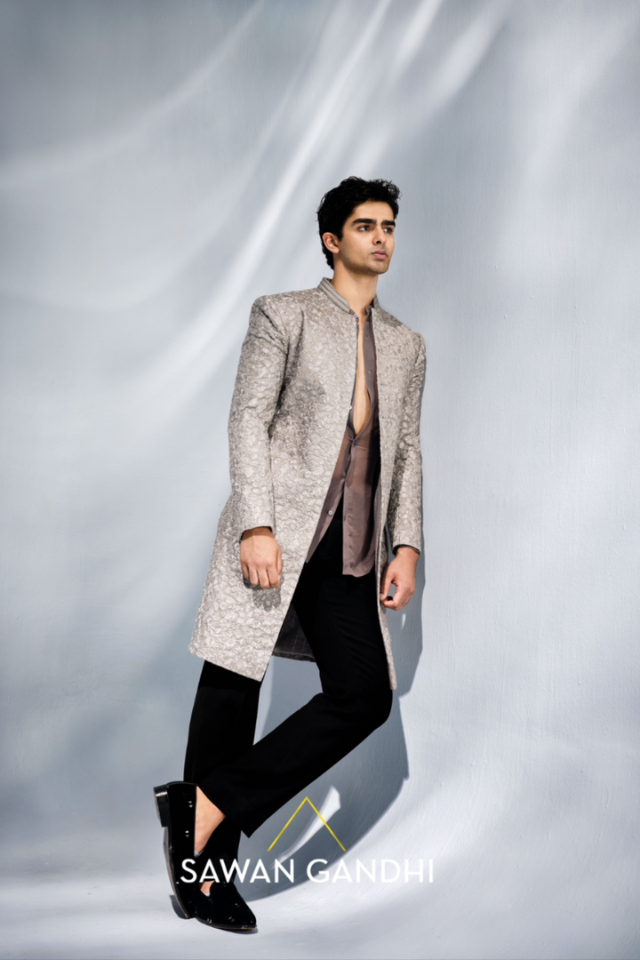 Grey thread work sherwani