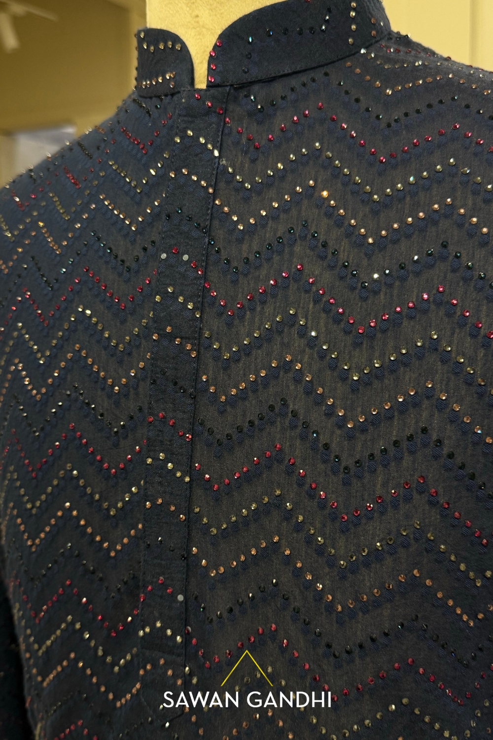 Navy blue chevron pattern swarovski kurta