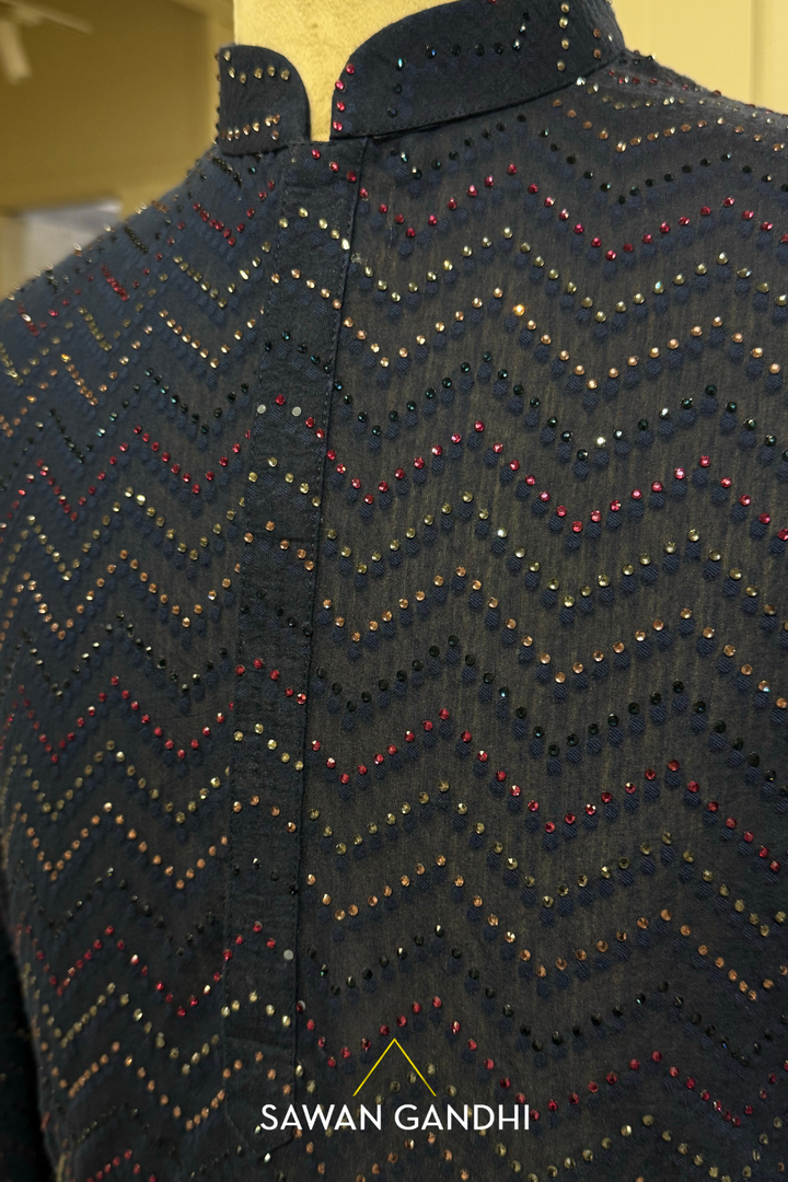 Navy blue chevron pattern swarovski kurta