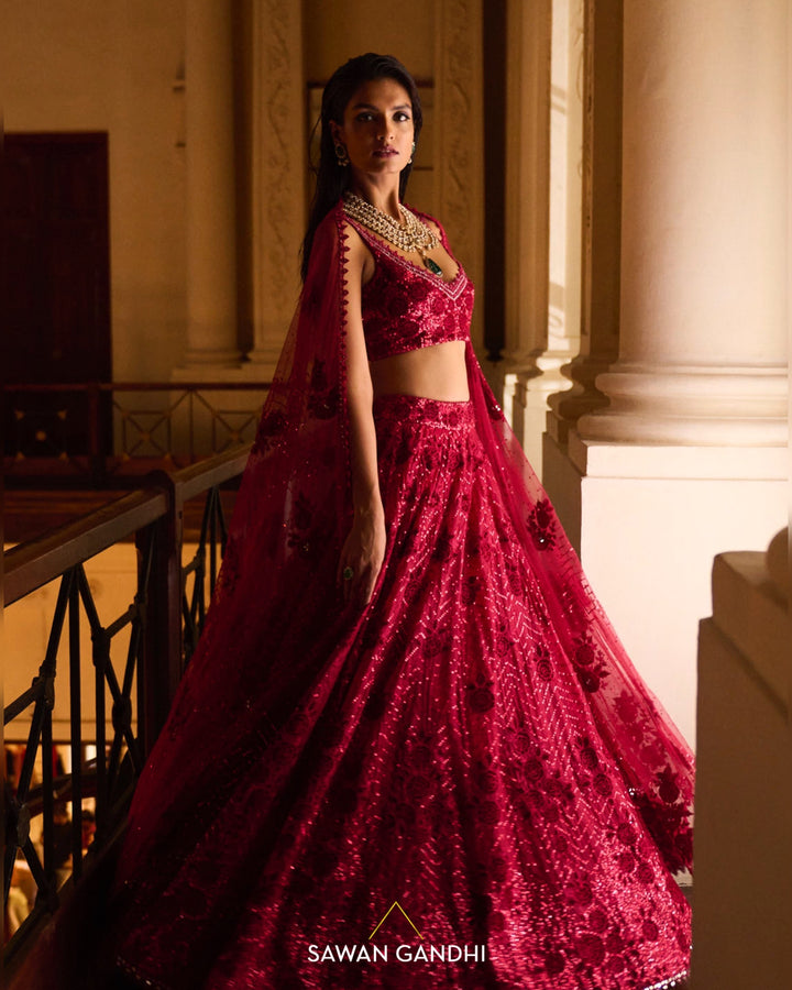 CRIMSON APPLIQUÉ WORK LEHENGA