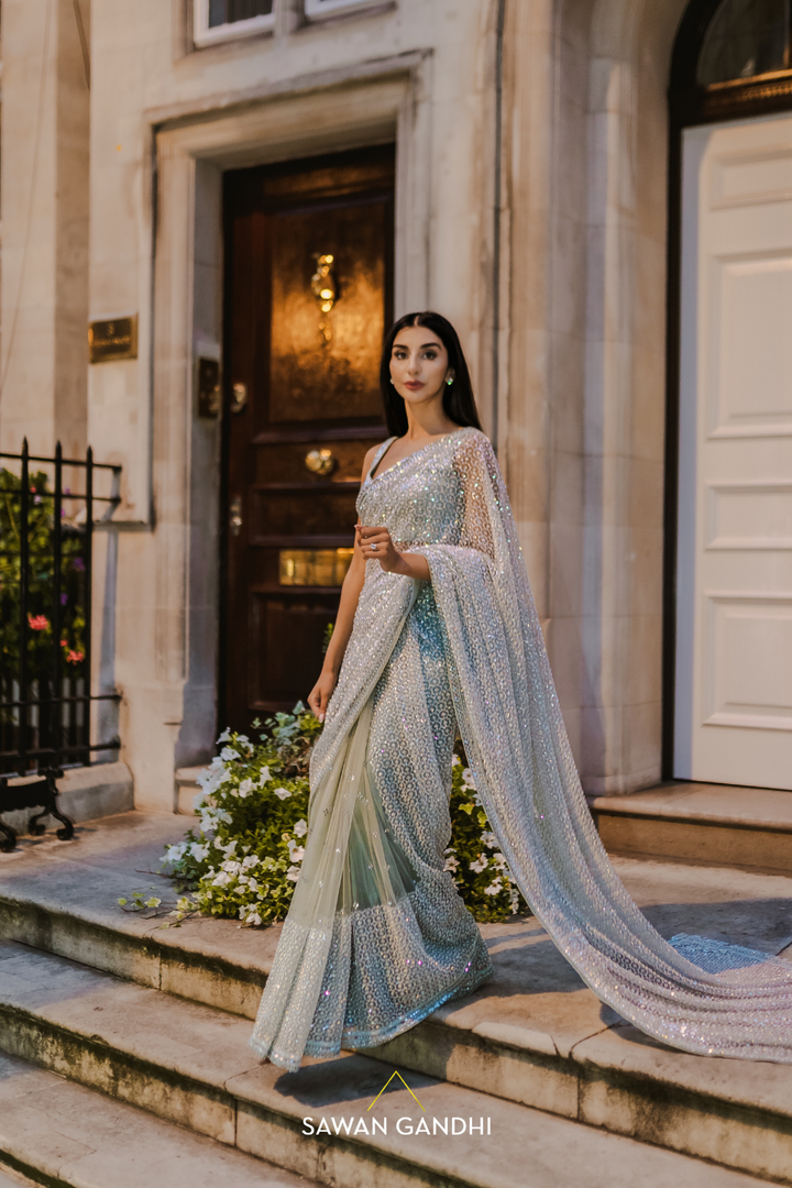 Sage green glass bead honeycomb saree