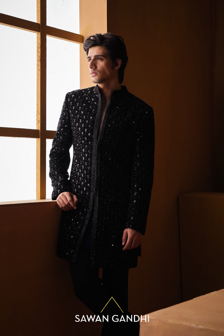 BLACK VELVET FISHSCALE SHERWANI