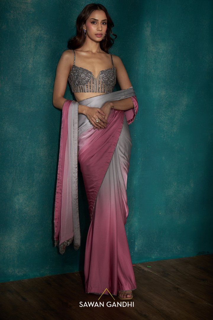 Grey pink ombre saree