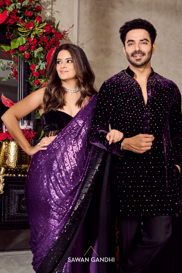 Aakriti ahuja in Royal Purple to black sequins sareee