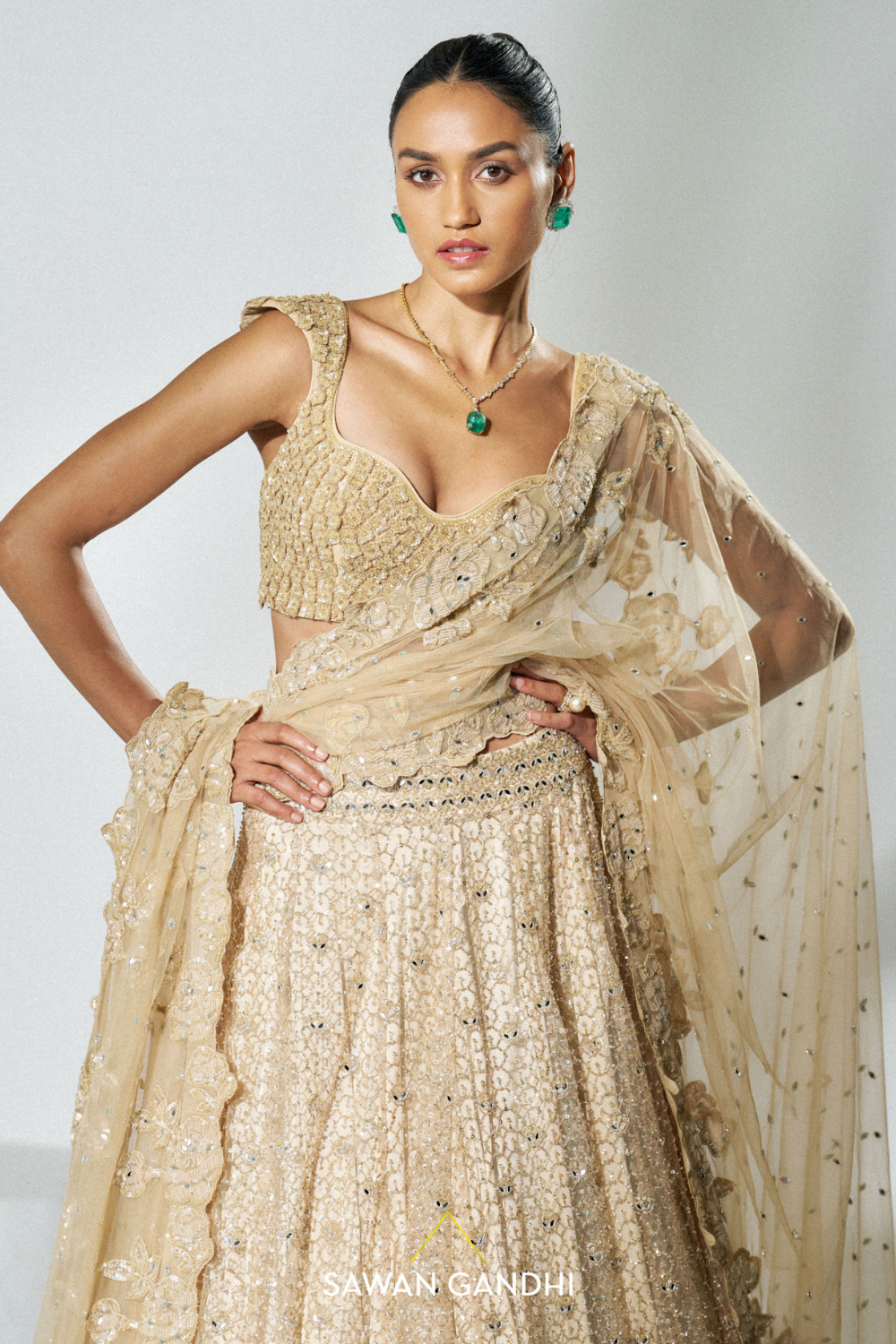 Gold beige honeycomb lehenga
