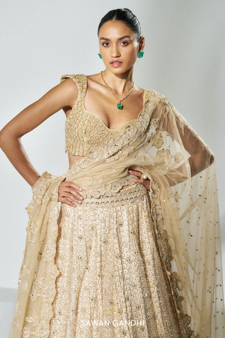 Gold beige honeycomb lehenga